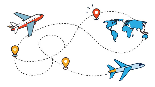 Flat design illustration of airplanes following flight paths across a world map with location pins for global travel and tourism concepts