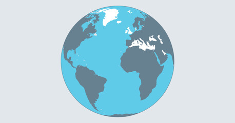 Earth Globe Perspective: A stylized representation of the Earth, showcasing continents in shades of gray against a vibrant blue ocean, highlighting global geography and connectivity. © Basu Official 