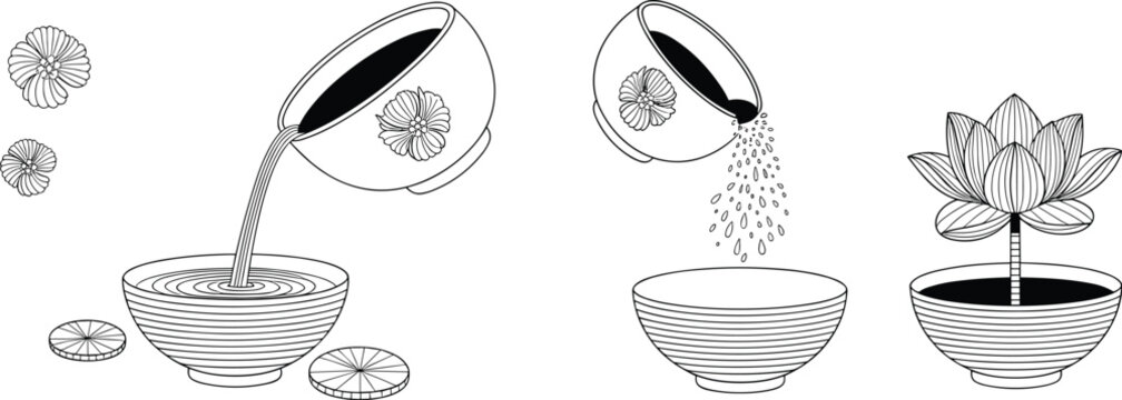 Tea Ceremony Preparation: An artistic illustration depicting the serene preparation of a traditional tea ceremony, featuring a lotus flower, tea bowls, and pouring water and tea leaves.