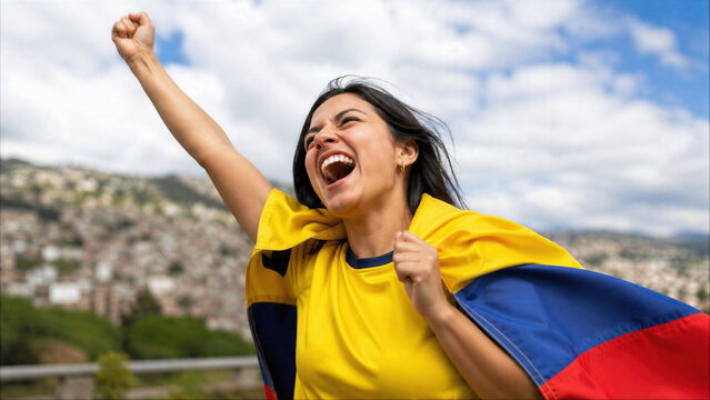 Excited young woman wearing Colombia flag celebrating victory outdoors