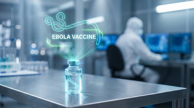 Futuristic Ebola vaccine development concept: a glowing 3D holographic projection of the deadly filamentous virus and digital text emerging from a medical vial in a top-secret, high-tech R&D laborator
