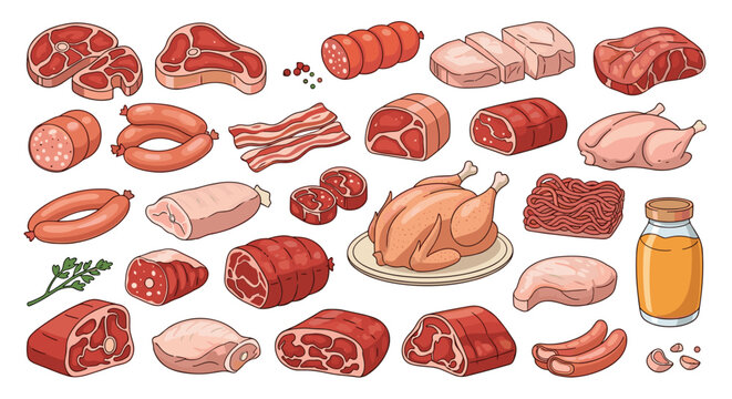 Comprehensive collection of various meat products including steaks, sausages, bacon, ham, chicken, and ground meat on white.