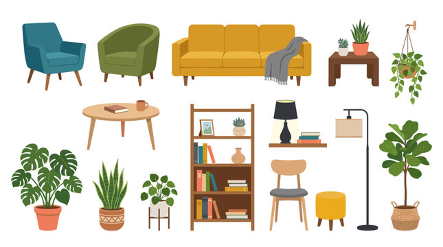 A collection of living room furnishings, interior accents, and indoor plants, featuring armchairs, sofas, coffee tables, chairs, lamps, and shelves, depicted as a colored flat vector illustration on