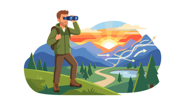 A man wearing binoculars gazes ahead into the future, symbolizing the pursuit of new horizons, solutions, and opportunities, depicted as a colored flat vector illustration of an explorer in nature