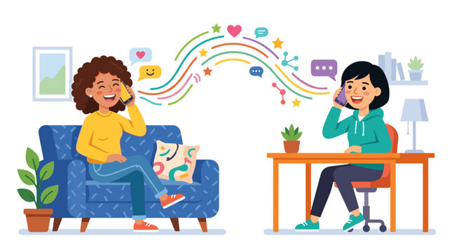 Women with smiles chat on their phones, friends connecting via smartphones in a distant conversation scene, rendered as a vibrant flat cartoon vector illustration