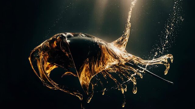 Abstract Golden Fluid Manta Ray Swimming in Dark Liquid Ink