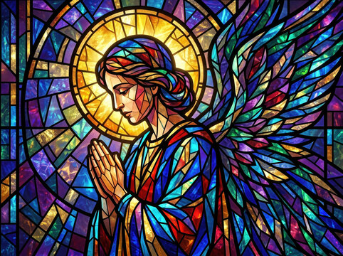 A stained glass window features an angel with folded hands in prayer. The bright colors create patterns of light in the church. This scene captures a moment of reflection and devotion