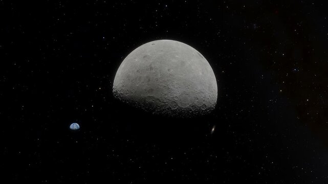 Timelapse animation view of the Moon orbiting Earth in space. Perspective from distant observer showing lunar motion, Earth in background and celestial mechanics of the Earth-Moon system.