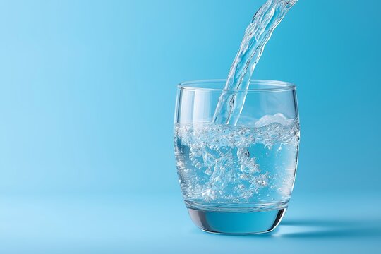 Refreshing pure water being poured into a clear glass against a bright blue background representing hydration and health benefits