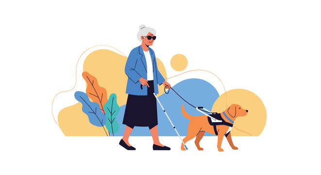 Independent blind elderly woman walking with a white cane and a faithful guide dog representing accessibility and support for the disabled.