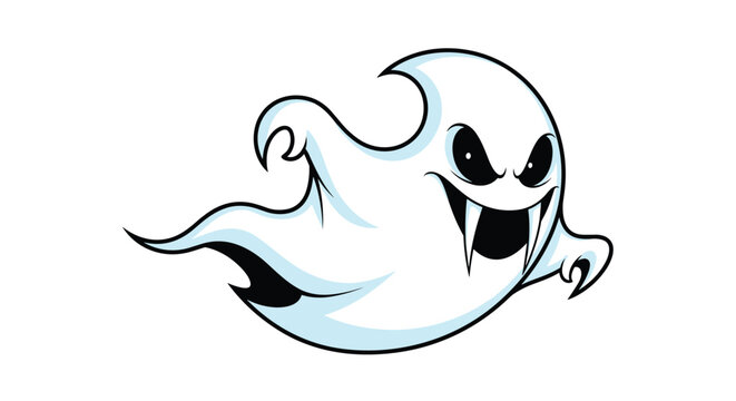 Spooky illustration of an angry white ghost with sharp fangs and glowing eyes flying forward for halloween horror and supernatural themes.