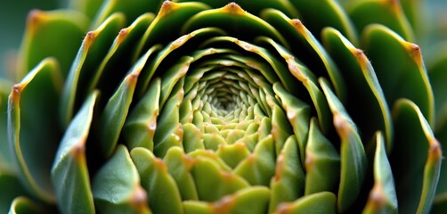 Fototapeta premium Close-up view of succulent plant center. Green leaves form tight spiral pattern, showcasing natural geometry. Succulent shows Fibonacci sequence, natural beauty.