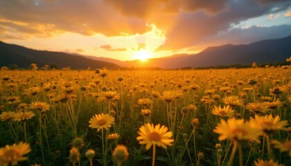 Fototapeta premium Field of yellow daisies under sunset sky. Mountains in background, sun sets casting warm golden light. Nature landscape with blooming wildflowers, peaceful evening.