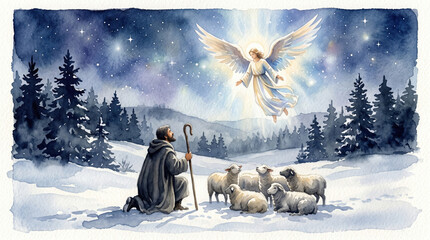 Obraz premium A shepherd kneels in a snowy landscape at night. He gazes up at an angel who shines bright in the sky. Several sheep stand nearby on the ground