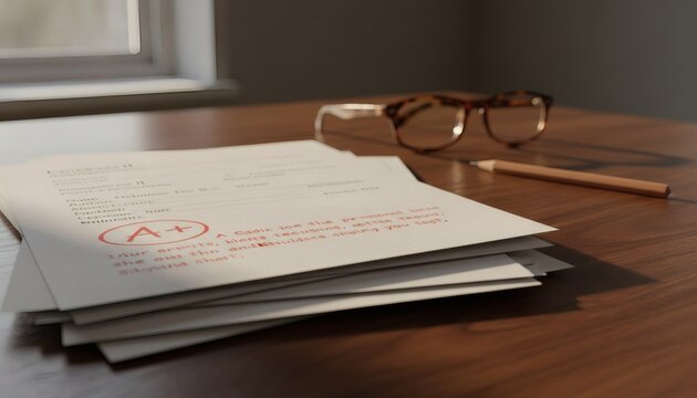 A stack of graded exam papers with an outstanding A plus score on a wooden desk, representing academic achievement and a successful finals week education concept