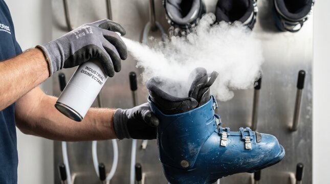 Worker wearing gloves spraying industrial disinfectant inside a blue plastic ski boot in a rental shop