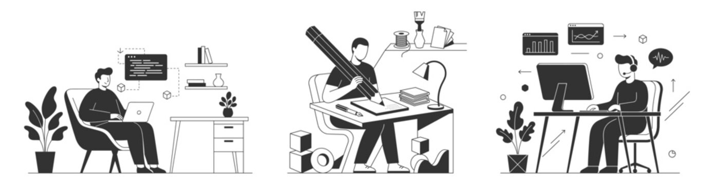 Business team members working with laptop, drawing tools, and desktop computer in office workspace on transparent background