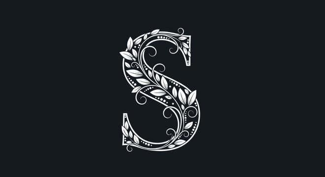 Decorative capital letter s designed with intricate floral patterns and leafy vines in white on a dark charcoal background for elegant typography.