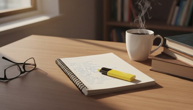 Cozy study desk with notebook, yellow highlighter, glasses, and steaming hot coffee cup on wooden table during finals week for exam preparation concept