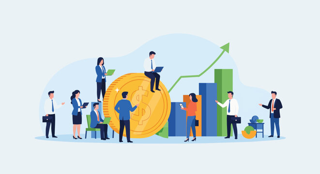 Diverse business people gathered around a large golden dollar coin with charts and graphs indicating growth, concept for finance, investment and corporate success.