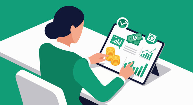 Isometric view of a person analyzing financial data on a tablet, showing charts, coins, and banknotes, concept for financial planning, investment strategy and business analytics.