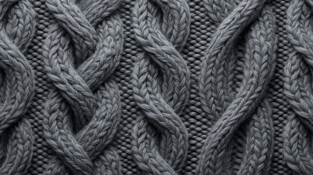 Chunky grey cable knit sweater texture with thick braided wool strands and dense purl stitches for a cozy winter textile background