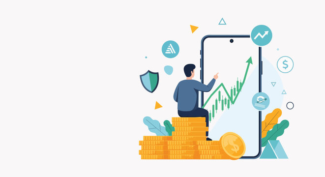 Man pointing at upward trending stock market graph on smartphone screen, surrounded by coins and icons, suitable for financial analysis, investment strategy and business growth promotion.