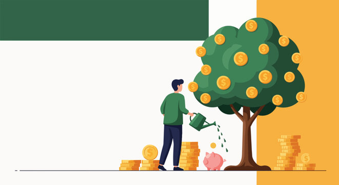 Man watering a money tree with coins and a piggy bank, concept for investment growth, savings and financial success.