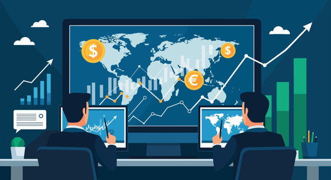 Men analyzing global financial charts and world map data on computer screens, concept for investment strategy, business intelligence and economic analysis.