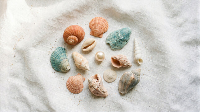 Assorted colorful seashells and a single pearl arranged in a circle on white textured linen fabric with sand, flat lay top view