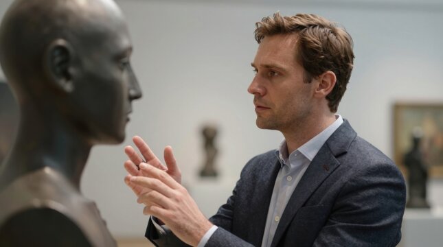Man gestures toward bronze sculpture in gallery. Art critic examines artwork with focused interest. Institutional art space, quiet, well-lit. Ideal for museum, gallery, or cultural education context