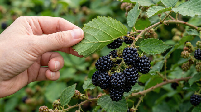 Hand picking fresh blackberries from bush in garden