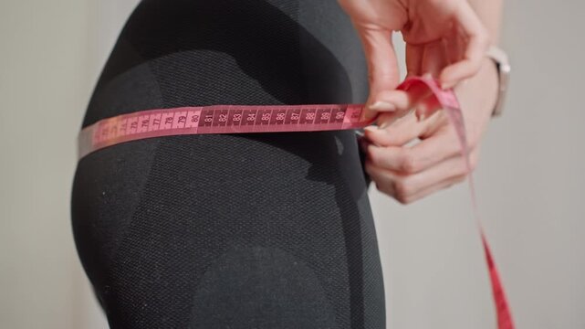 White woman hip measurement at home closeup of black leggings and pink tape tracking glute circumference, hands adjusting tape, neutral indoor background, fitness progress and body assessment
