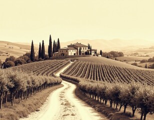 Fototapeta premium Tuscan landscape with rolling hills, vineyards, and trees. Old stone house sits on hill overlooking fields. Dirt road winds through scenic countryside, evoking rustic charm and rural life.