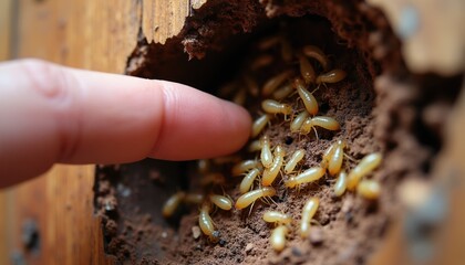 Fototapeta premium Close up macro view of person finger pointing at wood infested with many termites. Insects are eating wooden structure, causing decay. Pest control needed.