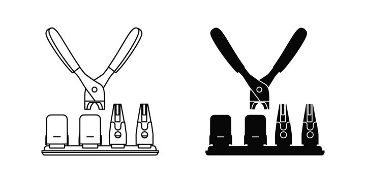 Wire stripper tool with interchangeable heads on display stand in flat design style