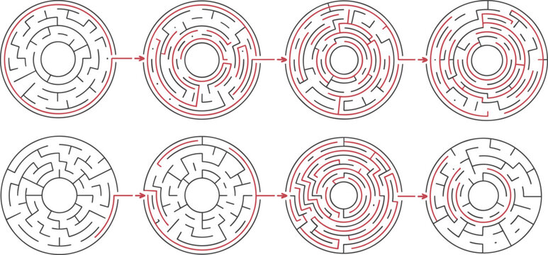 Circular Mazes With Red Solution Paths labyrinth puzzle