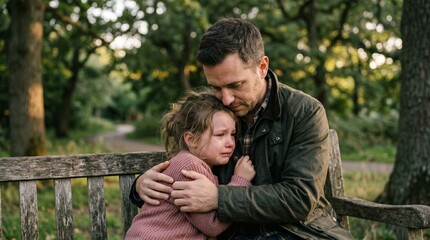 Fototapeta premium Father comforting crying daughter on park bench outdoors in nature