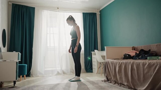 Woman stands on digital scale. Woman checks weight in tidy room. Contemplative woman measures weight in bedroom light. Morning scene with woman examining weight on digital scale in neat room