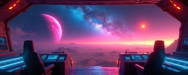 Obraz premium View from spaceship cockpit overlooks alien planet landscape. Distant large pink moon glows near colorful nebula. Pilot sits at controls observing vast outer space.