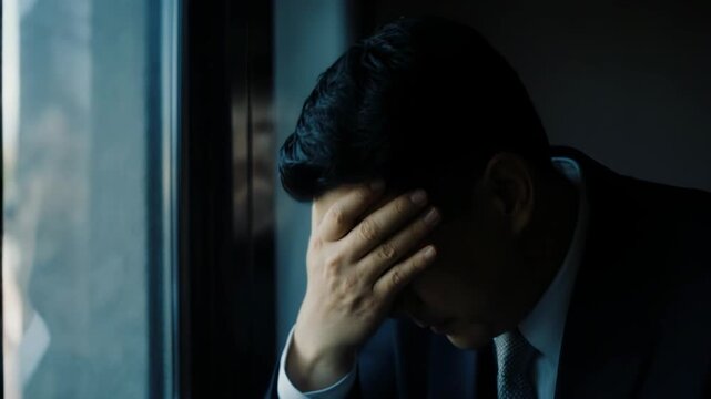Slow dolly in of businessman looking out window then closing eyes and covering face in office interior during daytime
