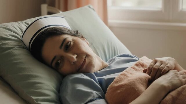 Slow tracking shot of nurse resting and smiling while lying in hospital bed by window in quiet ward during morning light