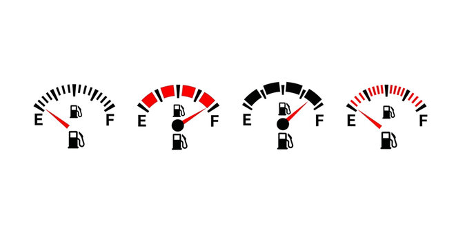 Fuel gauge icons, gas tank level indicators, empty to full, vector graphics, fuel level meters