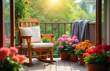 Obraz premium Wooden rocking chair with cushion sits on sunny balcony. Potted flowers in pink orange red colors surround chair. Cozy outdoor relaxation spot, garden, terrace, spring, summer.