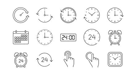 Fototapeta premium Clock icons, time symbols, 24 hour illustrations, alarm clock graphics, vector set