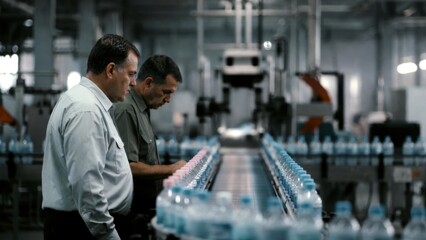 Fototapeta premium Operators inspecting bottled water conveyor in manufacturing plant