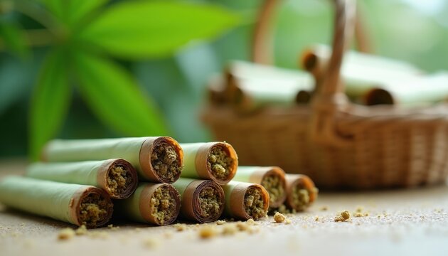 Rolled hemp joints sit on a wooden surface. A woven basket filled with more pre-rolls is in the background. Green leaves form a soft backdrop for this natural product.
