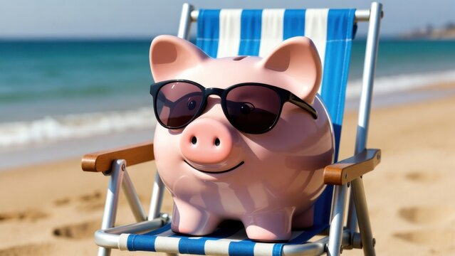 Piggy bank wearing sunglasses relaxing on sandy beach