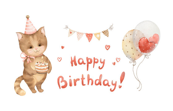 Hand-drawn watercolor card with cute cat, beautiful balloons, garland and congratulatory message. Perfect for children's parties, celebrations, greeting cards or banners. 