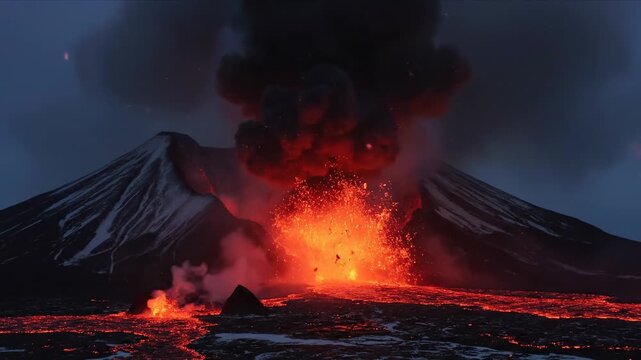 Erupting volcano at night, fiery lava flow and ash cloud in dark sky